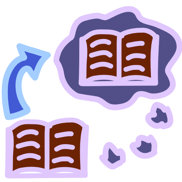 A book with brown pages and purple line art sits at the bottom left of the image. A curved blue arrow points from it to a purple thought bubble with a copy of the same book inside it. The trailing clouds of the thought bubble curve back down to the book. The image has light line art.